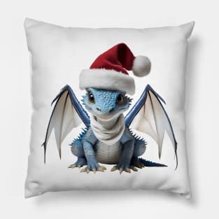 Cute Blue Baby Dragon Wearing a Red Festive Christmas Hat Pillow