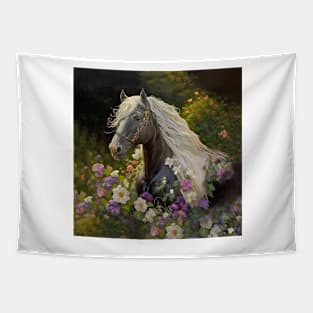 Black Horse with White  Mane Flowers Tapestry