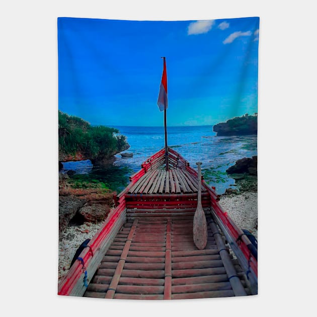 A coastal view point made from a bamboo longtail boat Tapestry by kall3bu