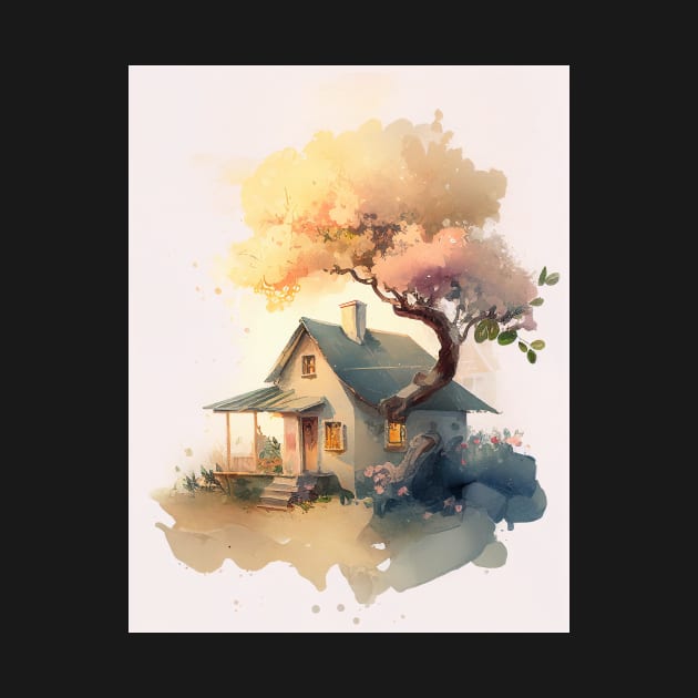 Charming Cute Small Little Cottage with Peach Tree Art Print by Abili-Tees