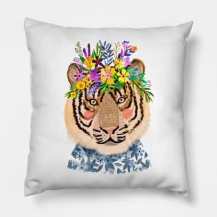 Tiger with Flower Crown, Wild Animal in Nature Pillow