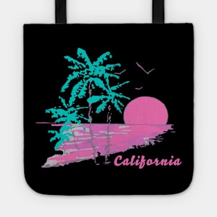 California Dreaming Bright Sunrise or Sunset Over the Beach and Ocean with Palm Trees and Birds Tote