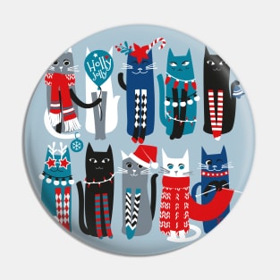 Feline Christmas vibes // print // blue background blue white and black kittens Pin
