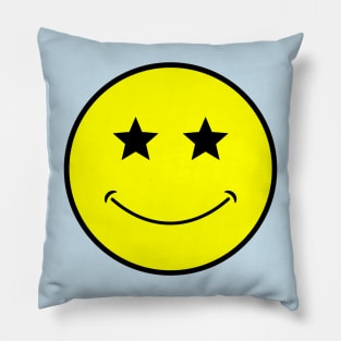 neon bright yellow classic star eyes Smiley Face Black Outline Pillow