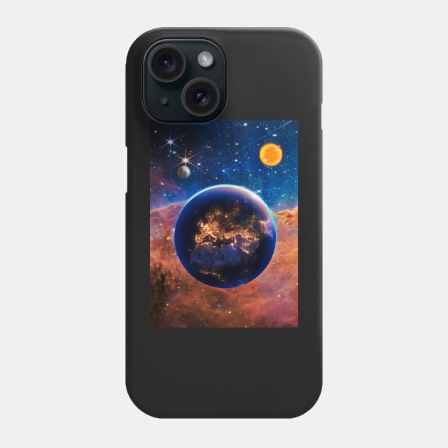 The earth planet in the space with wonderful colors of galaxy nasa webb telescope with the sun, the moon and shiny stars in the sky Phone Case by MoEsam95