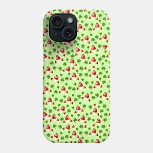 Red Mushrooms with Green Shamrocks and Four Leave Clovers Phone Case