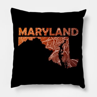 Colorful mandala art map of Maryland with text in brown and orange Pillow