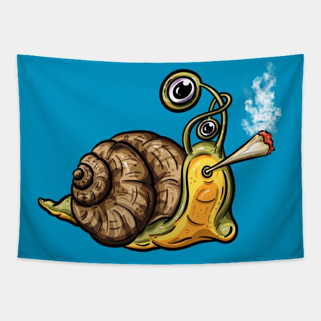 Toking Smoking Weed Snail Cartoon Illustration Tapestry by Squeeb Creative