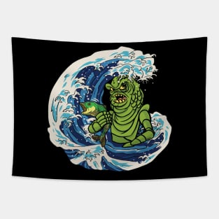 Annoyed Frogman in the surf fishing Graphic Tapestry