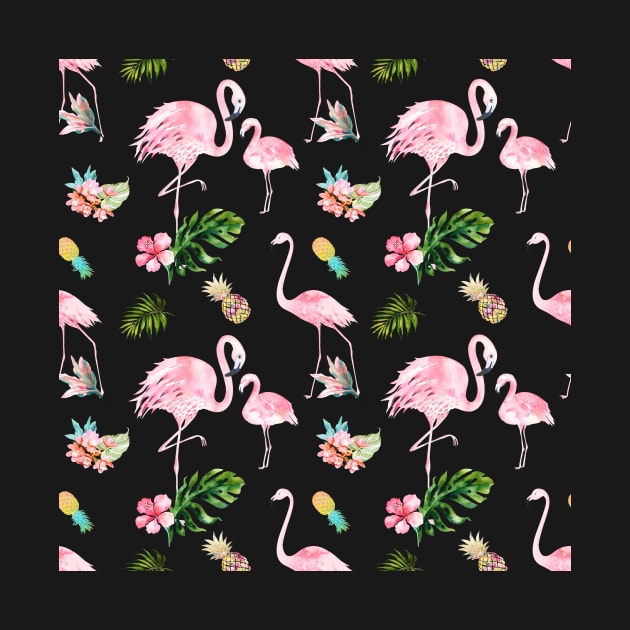 Watercolor Pink Flamingo + Tropical Foliage Pattern by PixDezines