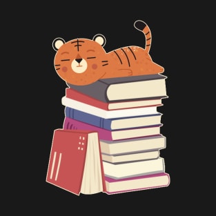 Cute tiger sleeping on a stack of books T-Shirt