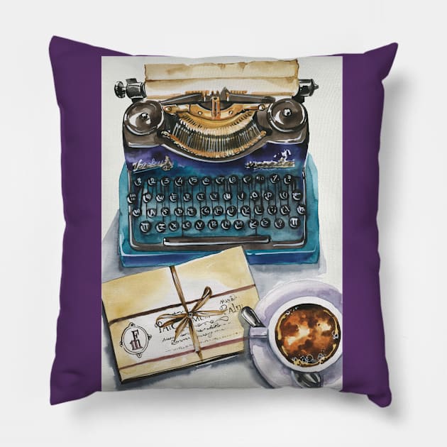 Typewriter Man Scripts Writer Workplace Hand Drawn Pillow by Mako Design 