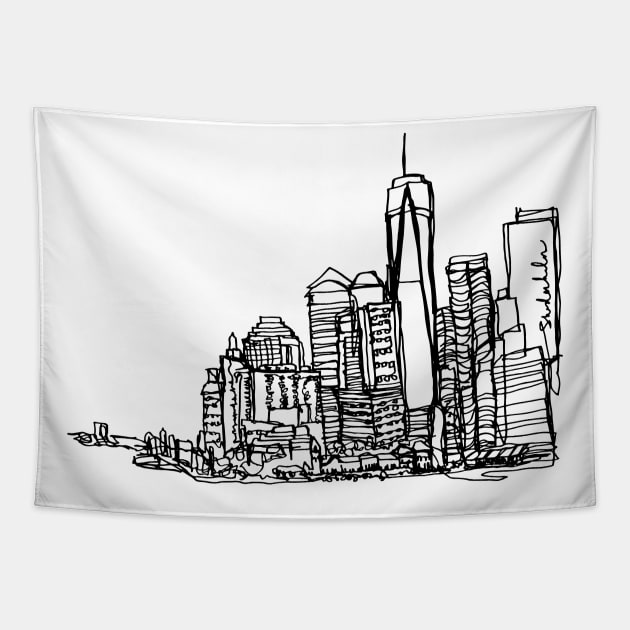 New York City Skyline (A Continuous Line Drawing in Black Ink) Tapestry by BigBridgeStudios