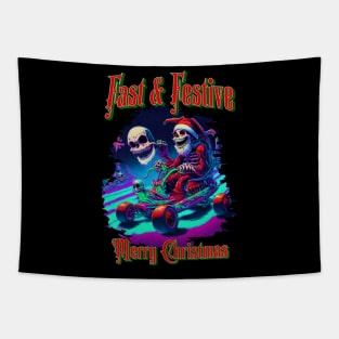 Fast & Festive Merry Christmas Skull Skeleton Go Kart Racing Funny Tapestry