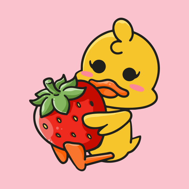 Cute Little Duck holding a strawberry by kwang_zip