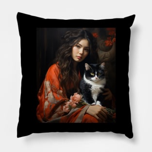 Geisha in kimono with cat Japanese Neko vintage art Pillow