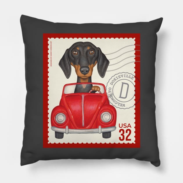 Cute Doxie driving classic red car on vintage stamp Pillow by Danny Gordon Art