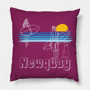 Newquay Cornwall Surf Girl and Guy with a Dog, line art Surfers Pillow