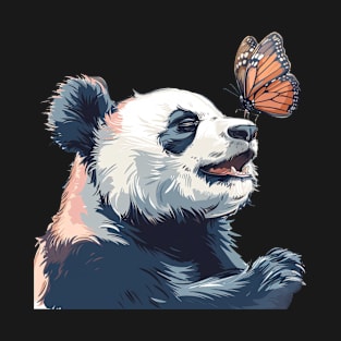 Panda With A Butterfly Landing On It's Nose - Panda Bear Japanese T-Shirt