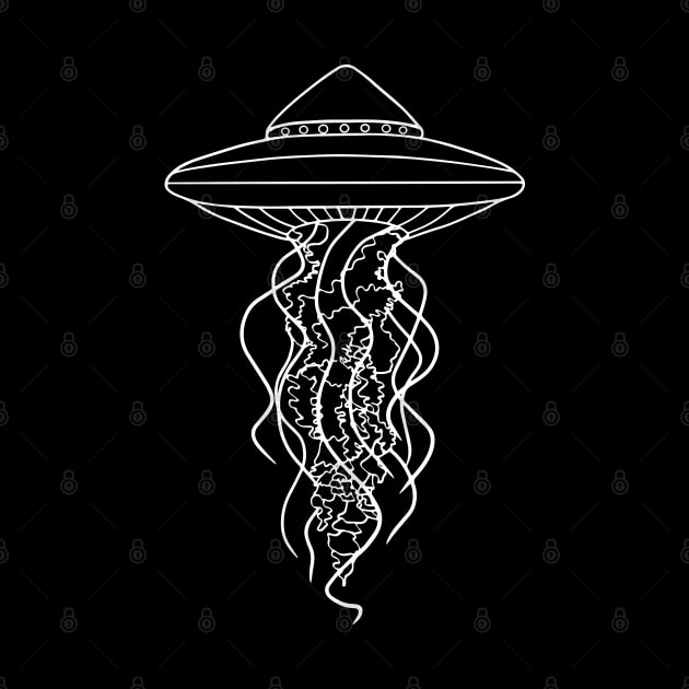 UFO Jellyfish White Line Drawing on Black by Ciara Shortall Art