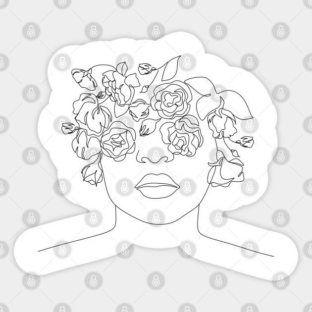 Art Line Flower Pretty Woman Face With Flowers Drawing Woman Sticker Teepublic