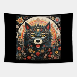 Surrealistic Folk Art Dark Floral Motif Wolf Design Tapestry