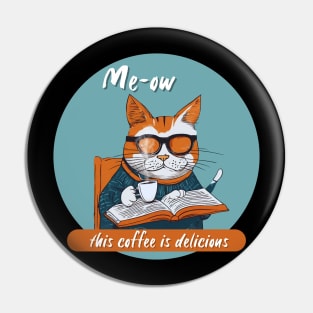 Coffee-loving reading cat Pin