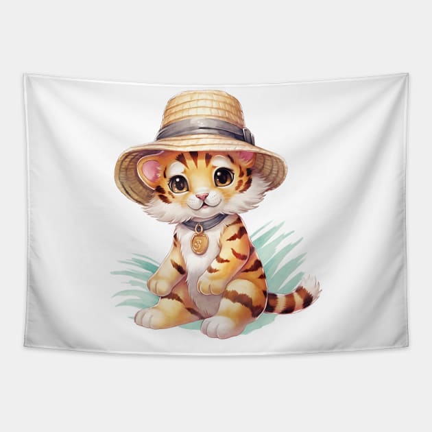 Bengal Tiger in Straw Hat Tapestry by Chromatic Fusion Studio