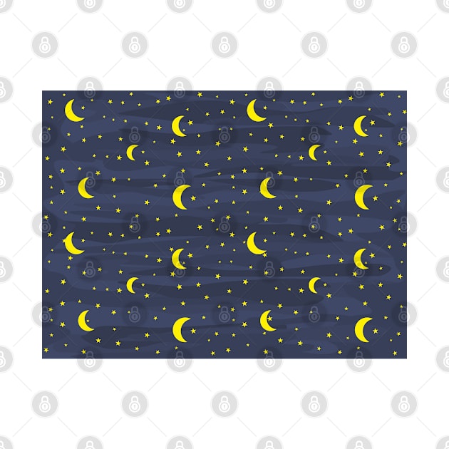 Dark Blue Night Sky - Stars and Moon Seamless Pattern by DesignWood Atelier