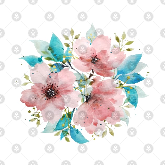 Watercolor Pink and Turquoise Botanical Arrangement 2 by Jessfm