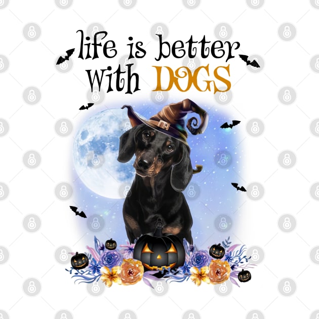 Dachshund Witch Hat Life Is Better With Dogs Halloween by cyberpunk art