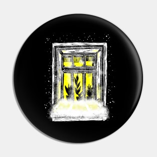 A winter window with a bright light. Christmas and new year drawing Pin