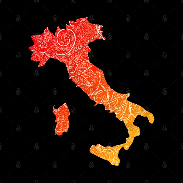 Colorful mandala art map of Italy with text in red and orange by Happy Citizen