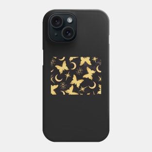 Gold Stamped Butterflies and Sunbursts on Black Phone Case