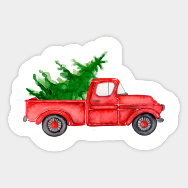 Watercolor Vintage Classic Red Pickup Truck With Christmas Tree Gift Christmas Red Truck Sticker Teepublic