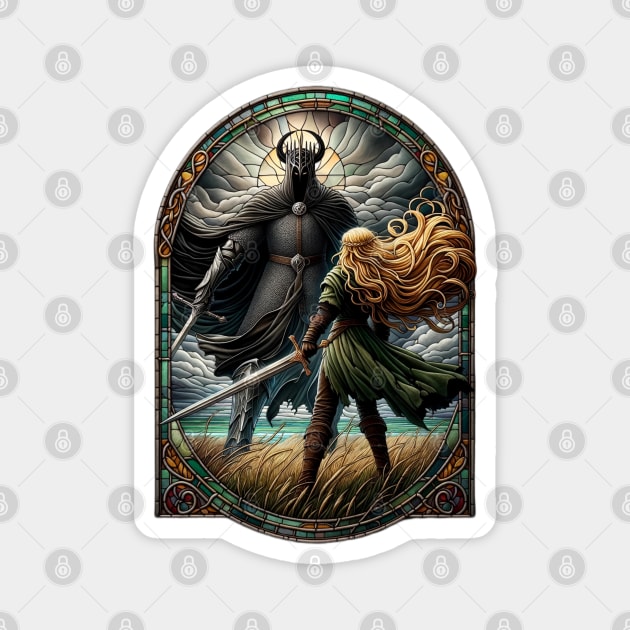 Epic Duel in Stained Glass - A Fierce Maiden and a Dark Wraith - Fantasy Magnet by Fenay-Designs