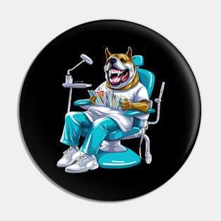 An English Bulldog sitting in front of a dentist's chair, wearing a blue surgical mask Pin