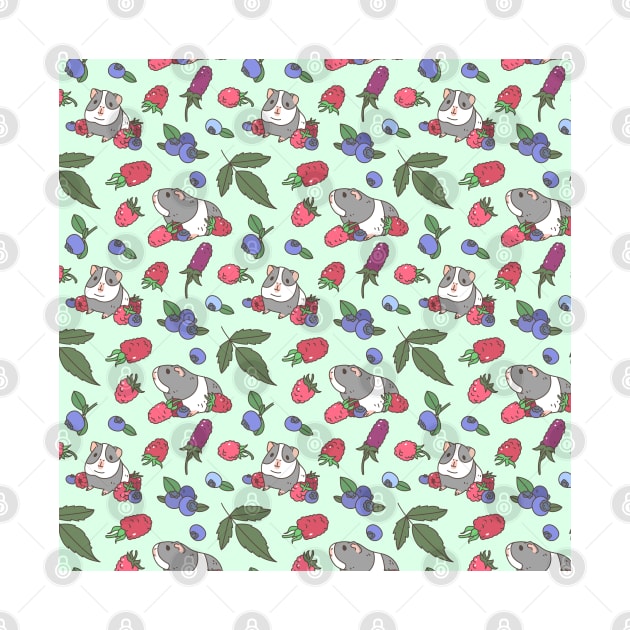 Guinea Pig and Mix Berries Pattern in Mint Green Background by Noristudio