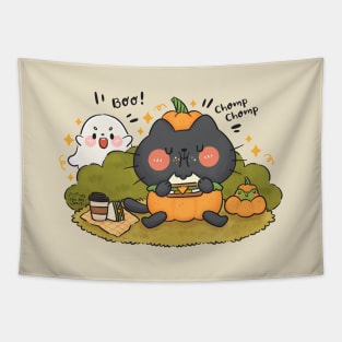 Black Cat with Pumpkin Costume Tapestry