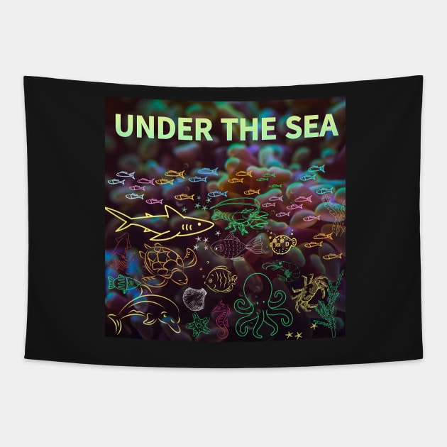 under the sea,blue sea,sea creatures,Turtle, puffer fish, starfish, shrimp, shark, tropical fish, sea horse, seaweed, sardines, squid, crabs, clams Tapestry by zzzozzo