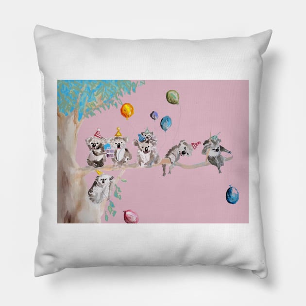 Koala Watercolor Painting, The Koalas Birthday Party - on Baby Pink Pillow by SarahRajkotwala