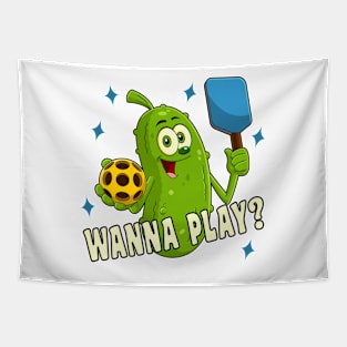 Cute Cartoon Pickle Wanna Play Pickleball Tapestry