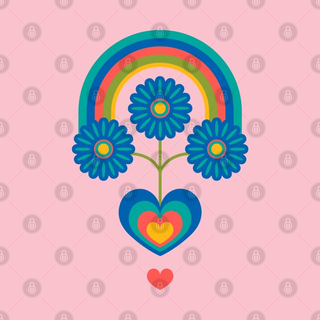 UNDER THE RAINBOW Folk Art Mid-Century Modern Scandi Floral With Flowers and Hearts on Pink - UnBlink Studio by Jackie Tahara by UnBlink Studio by Jackie Tahara