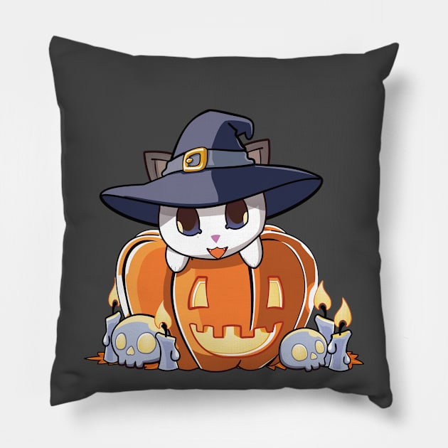 White cat in a pumpkin Pillow by Myanko