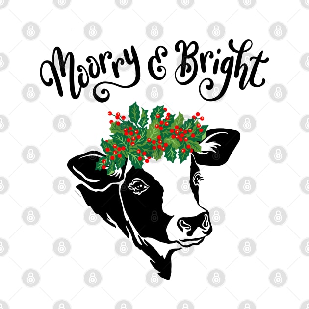 Christmas Cow Moorry & Bright Hand Drawn Cow with Holly Crown by DoubleBrush