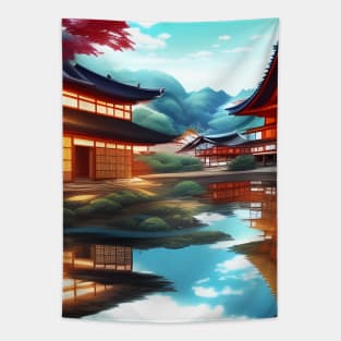 Beaux Animes Art Fantasy Japanese Anime Village by the river Design Tapestry