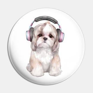 Watercolor Shih Tzu Dog with Headphones Pin