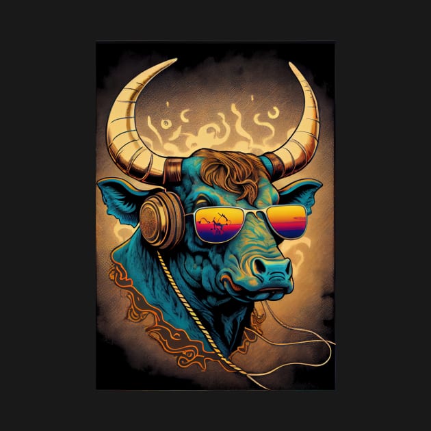 Psychedelic bull with headphones and sunglasses by dholzric