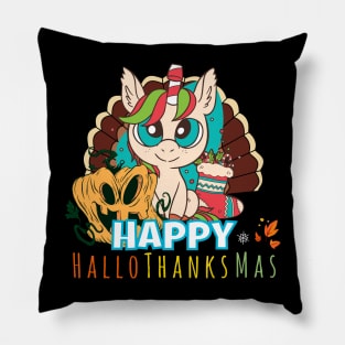 Happy HalloThanksMas Unicorn Funny Halloween Christmas Thanksgiving Pillow