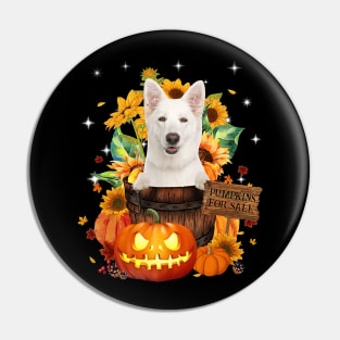 White German Shepherd Halloween Pumpkin Fall Bucket Pin